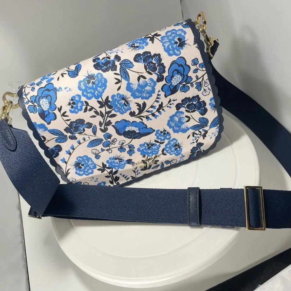 Kate Spade Madison Peacock Floral Printed Saddle Bag Blue Adjustable Strap - Picture 7 of 7